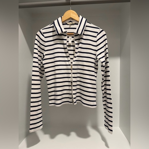 NWT Madewell Ribbed Zip-Front Tee in winter white stripe size M NS577 - Picture 10 of 13